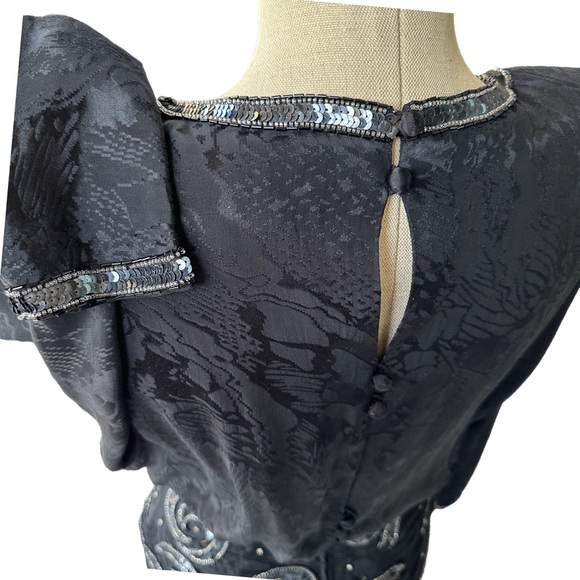 A.J. BARI 100% Silk 1980s Vintage Black Dress Asymmetrical Beaded with Sequins - Picture 11 of 13